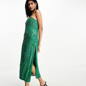ASOS DESIGN embellished ergonomic bandeau midi dress in green
Size 0